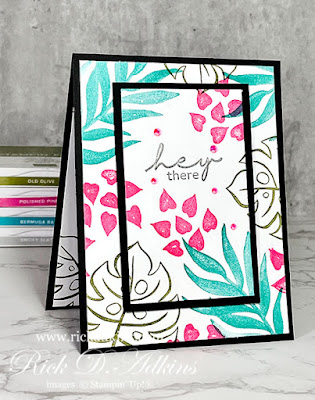 Tropical inspired card showcasing the Artfully Layered Stamp Set from the Artfully Composed Suite in the January-June Mini Catalog.  Uses fun colors such as Bermuda Bay, Old Olive, and Polished Pink.