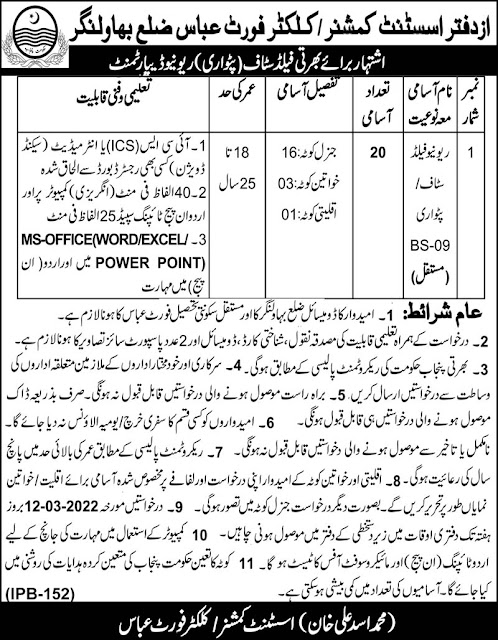 Revenue Department Fort Abbas Patwari Jobs 2022