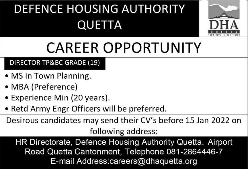 Defence Housing Authority DHA Quetta Jobs Director TP&BC