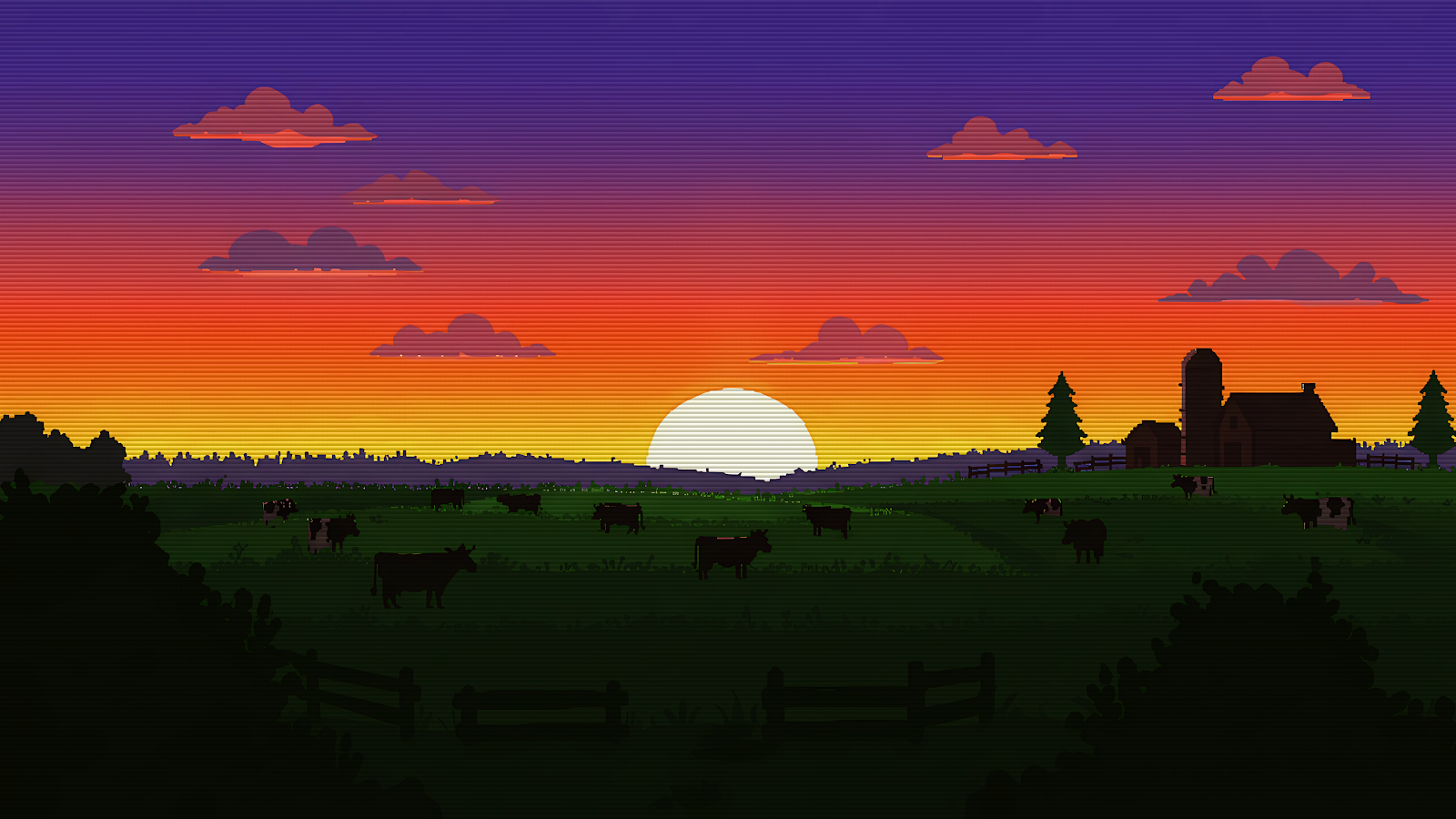 Download 4K pixel art farm sunset wallpaper, featuring a retro 8-bit style illustration of a farm landscape with cows grazing in a field, a barn and farmhouse, trees, and a setting sun under a colorful pixelated sky.