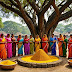 Vibrant rural Bengali village scene celebrating Makar Sankranti with the traditional 'Aun-Bauni' ritual.