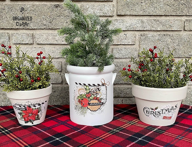 Photo of a crock & 2 chalk painted pots with Christmas decor transfers.