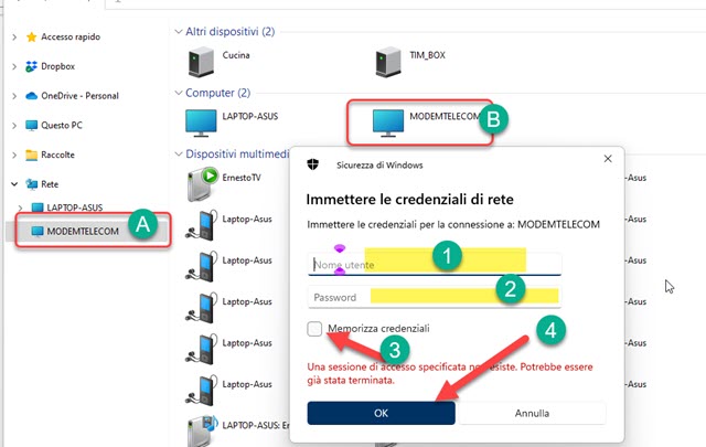 accesso al modem da esplora file di windows