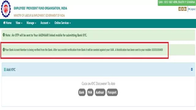 Bank KYC notification sent to mobile