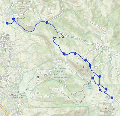 Route map of Mission Peak hike