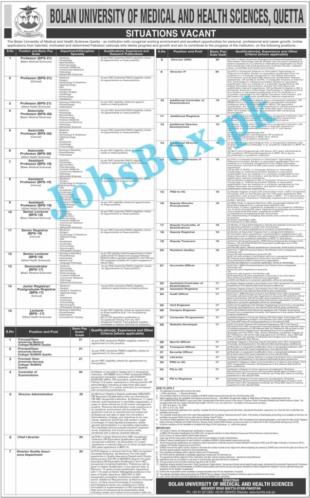 www.bumhs.edu.pk - Bolan University of Medical and Health Sciences Jobs 2021 in Pakistan