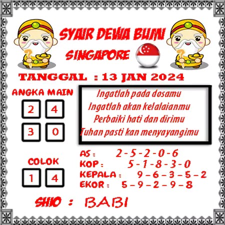 Prediksi Dewa Bumi Togel Singapura Sabtu 13 Januari 2024