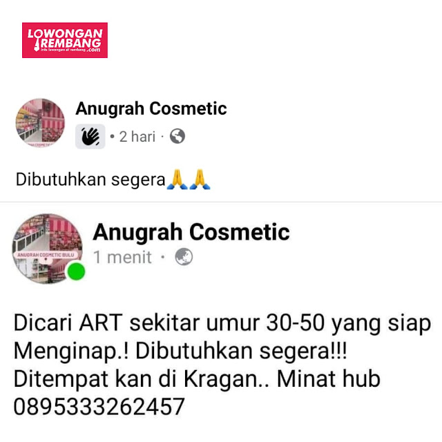 Lowongan Kerja Asisten Rumah Tangga Anugrah Cosmetic Kragan Rembang Tanpa Syarat Pendidikan