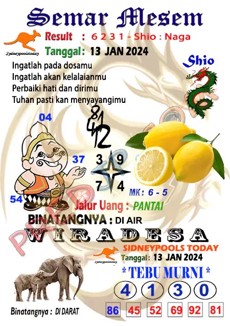 Prediksi Semar Mesem SDY Hari Ini JP 13 Januari 2024