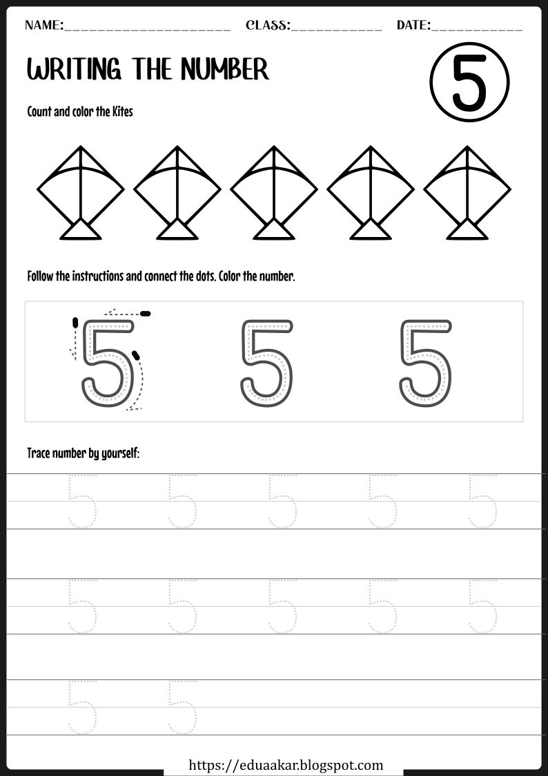 Number 5 Count and Tracing Worksheet for Kindergarten