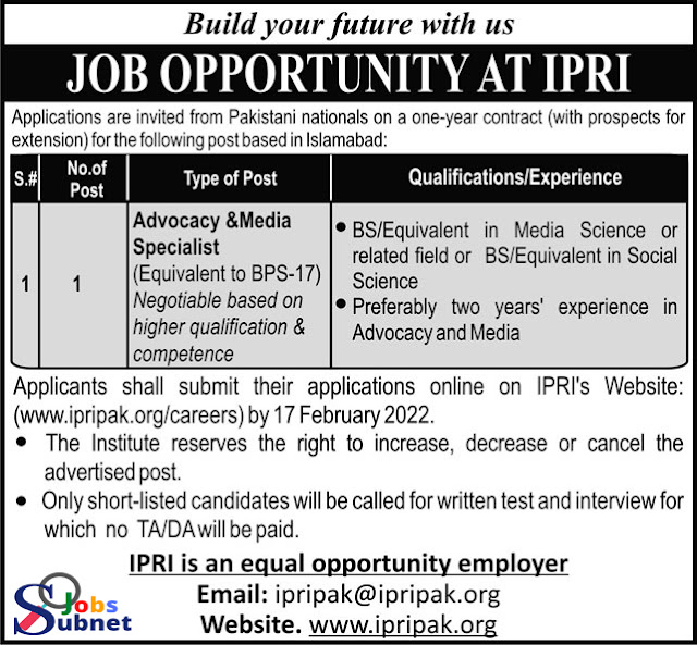 Govt jobs IPRI 2022 In Islamabad Policy Research Institute