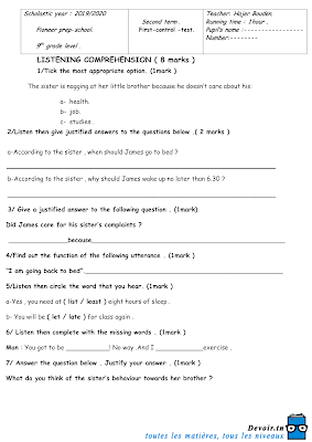 تحميل فرض مراقبة 2 أنقليزية مع الاصلاح سنة تاسعة أساسي pdf Anglais  سنة 9, تمارين أنقليزية  مع الإصلاح موقع مسار التميز 9ème,mid-term test english