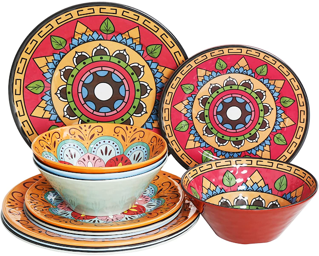 Insetfy Melamine Dinnerware Sets,Colorful Plates Bowls Set for 4,