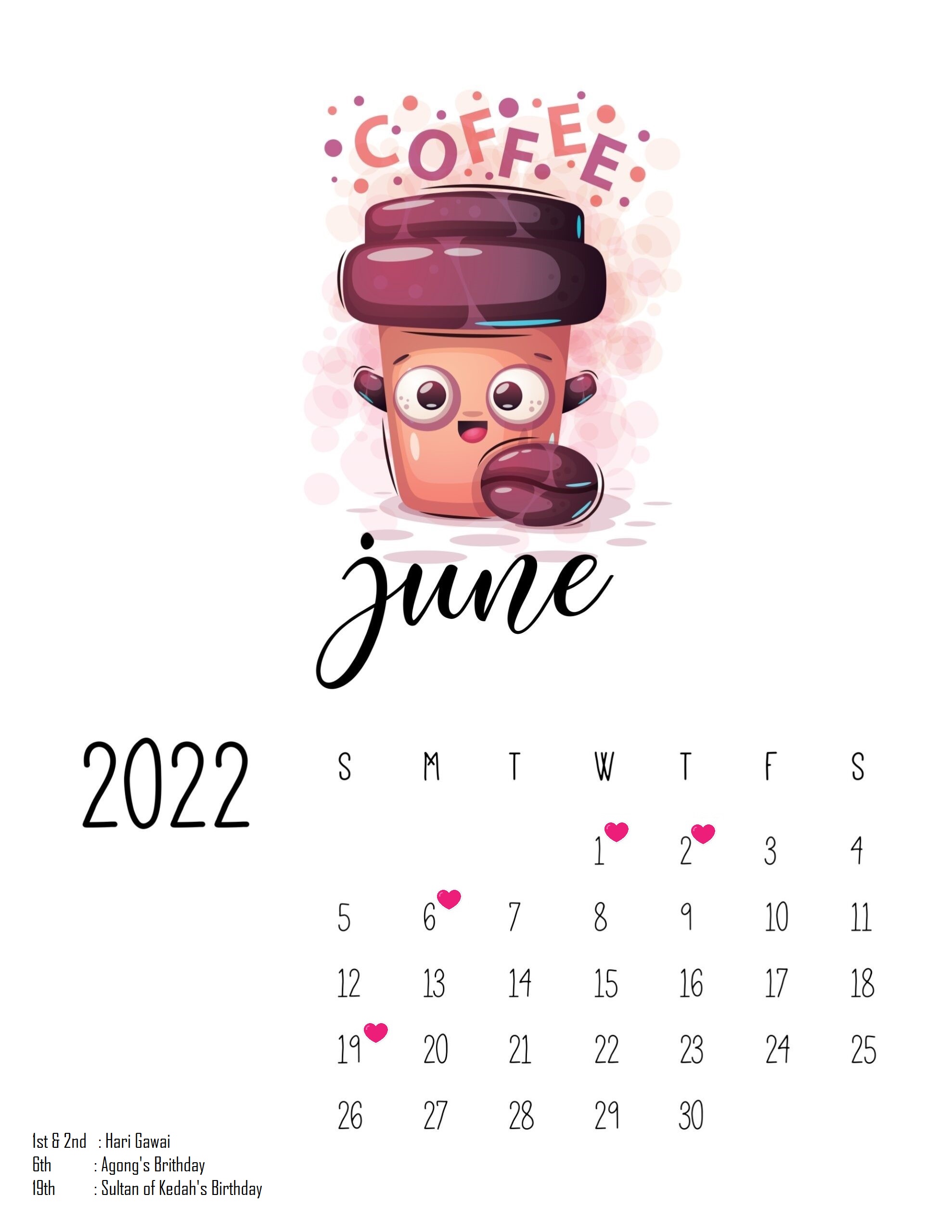 Kalendar Malaysia 2022 : Cute Coffee