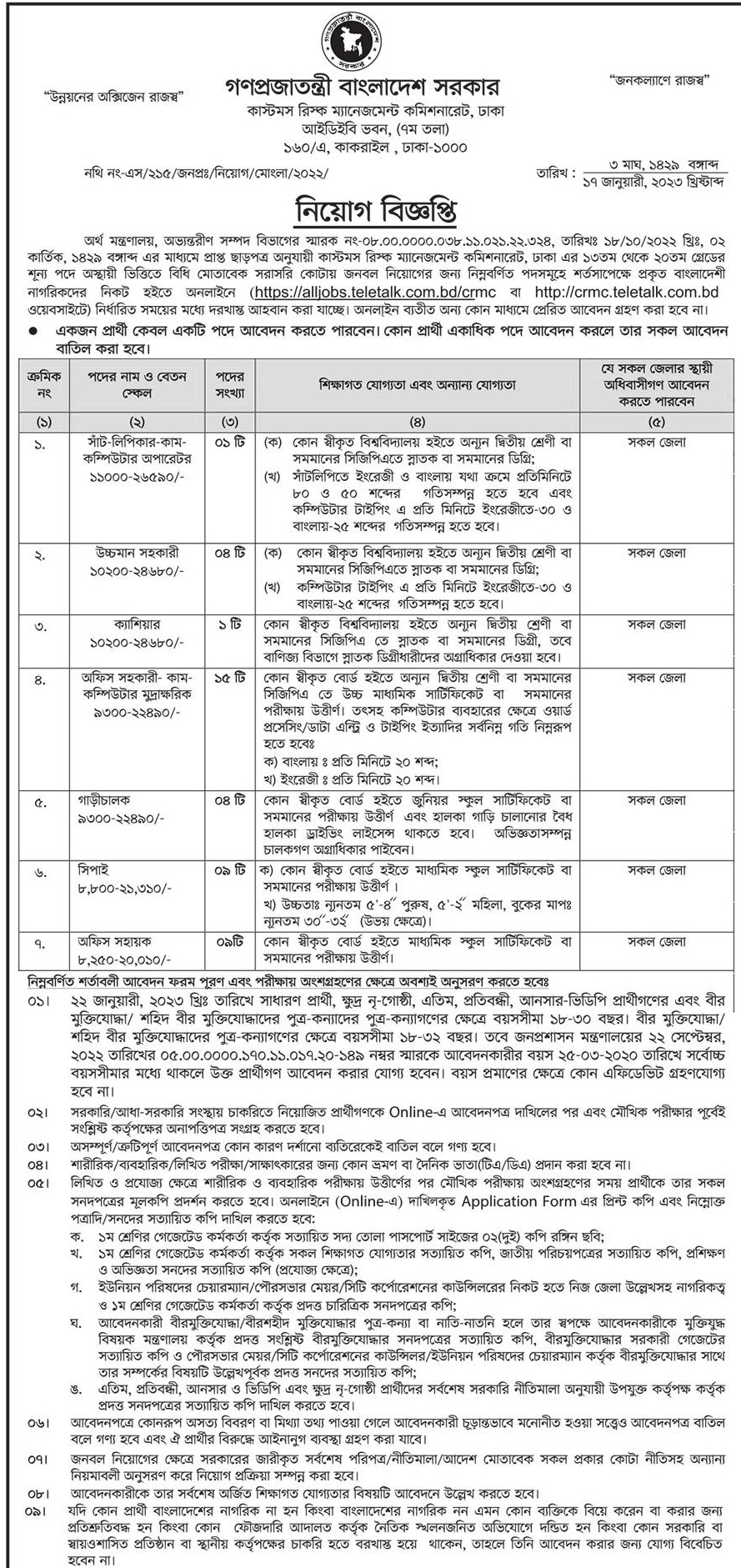 বাংলাদেশ কাস্টমস নিয়োগ বিজ্ঞপ্তি ২০২৩ - Bangladesh Customs Recruitment Circular 2023