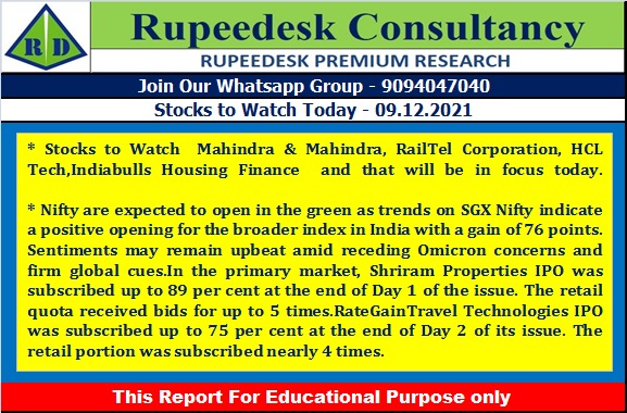 Stock to Watch Today - Rupeedesk Reports