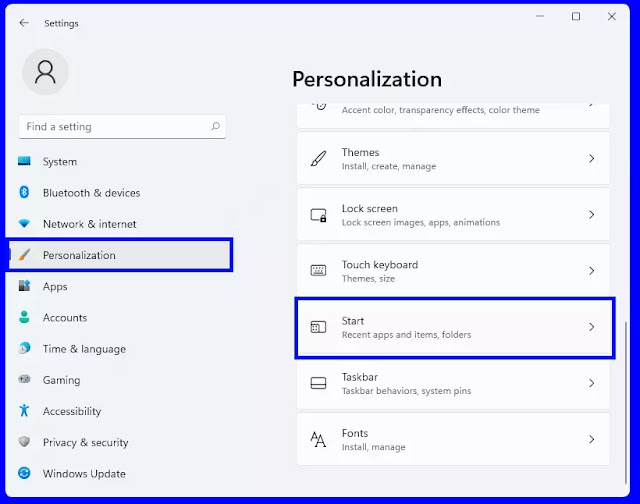 settings - personalization - start