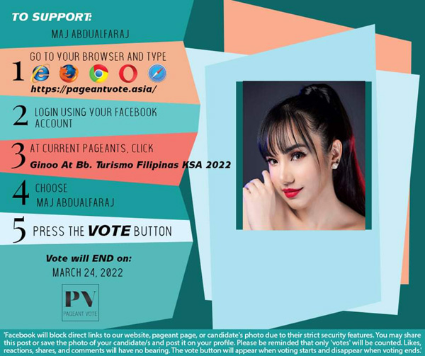 Vote for MJ and help her become the beauty queen of Binibining Turismo Filipinas KSA 2022!