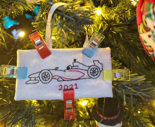 embroidered Formula 1 car ornament | DevotedQuilter.com