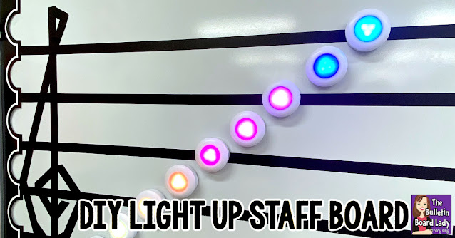 DIY Light Up Staff Board, treble clef display. Bright and fun way to learn treble clef lines and spaces names. Music teacher hack.