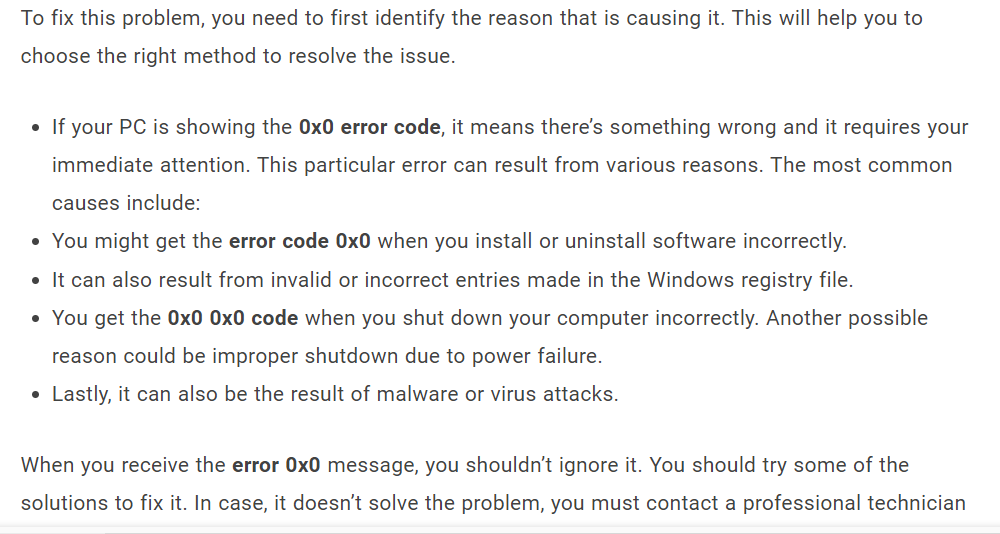 What causes the error code 0x0 0x0