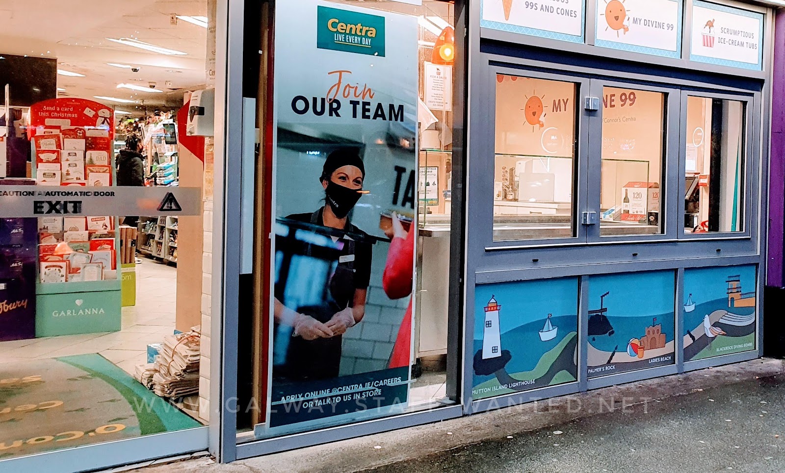 Join our Team - pull up recreuitment  poster beside the ice-cream window and three-panel village mural at O'Connor's Centra Salthill