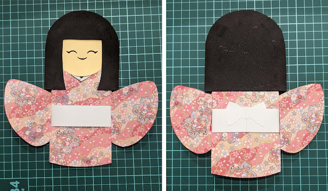 2 side by side photos of the assembled paper doll, sleeves out to the sides, front and back