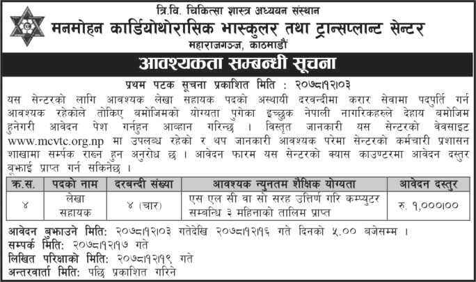 Vacancy for Manmohan Cardiothoracic Vascular and Transplant Center