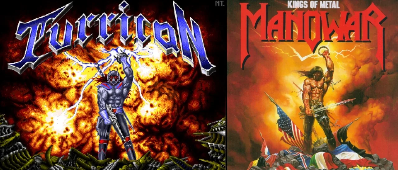 Turrican - ekran tytułowy, porównanie z okładką albumu Kings Of Metal zespołu Manowar