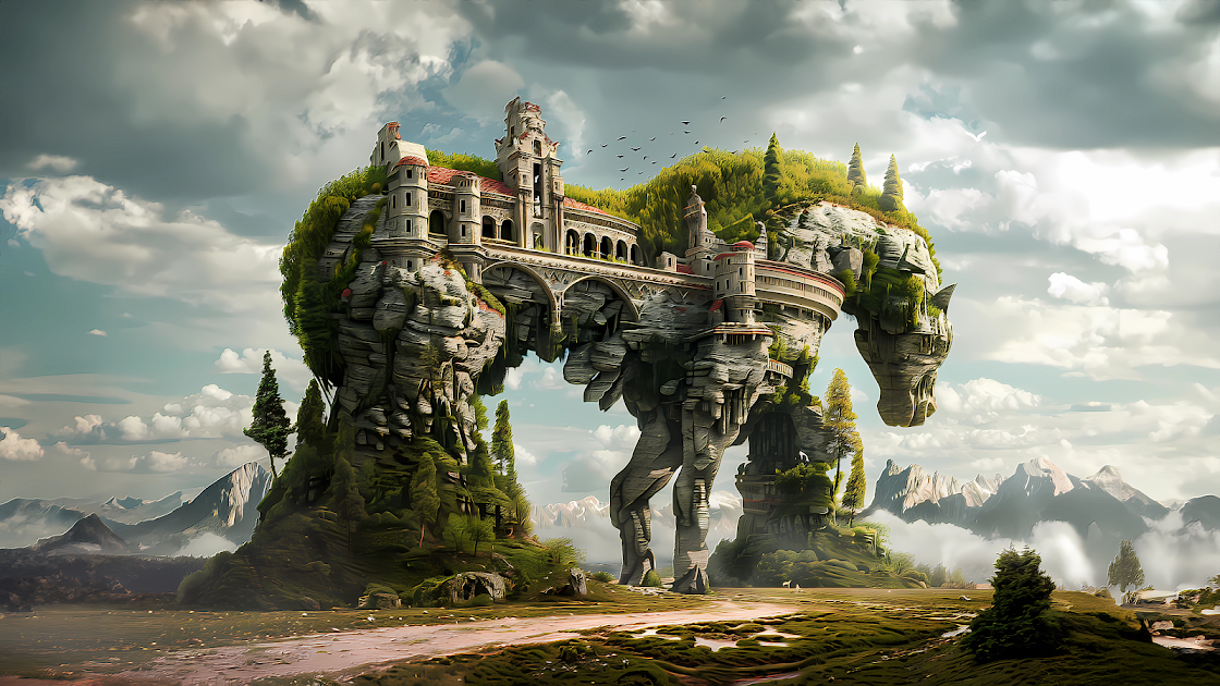 A surreal digital painting of a fantasy fortress built on the back of a colossal walking beast. The fortress is surrounded by lush greenery and architectural details, while the giant creature strides through a majestic landscape under a partly cloudy sky.