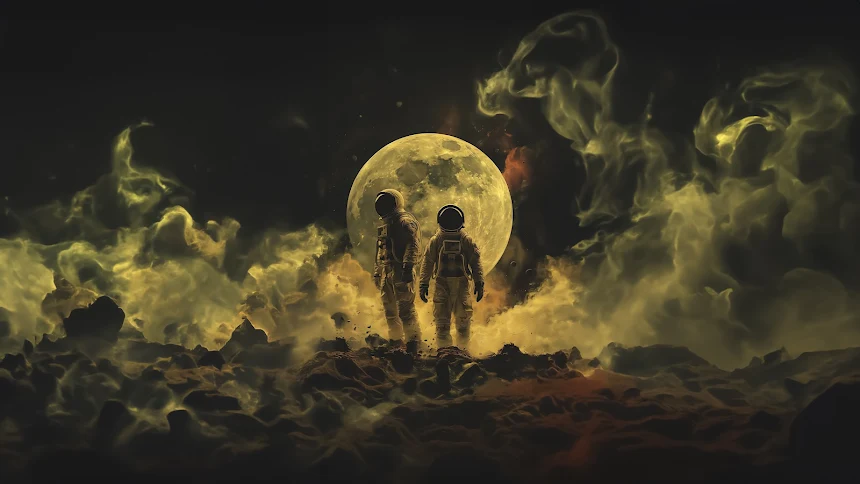 Two astronauts in space suits standing on the moon's surface with a large, detailed moon in the background and cosmic dust swirling around them
