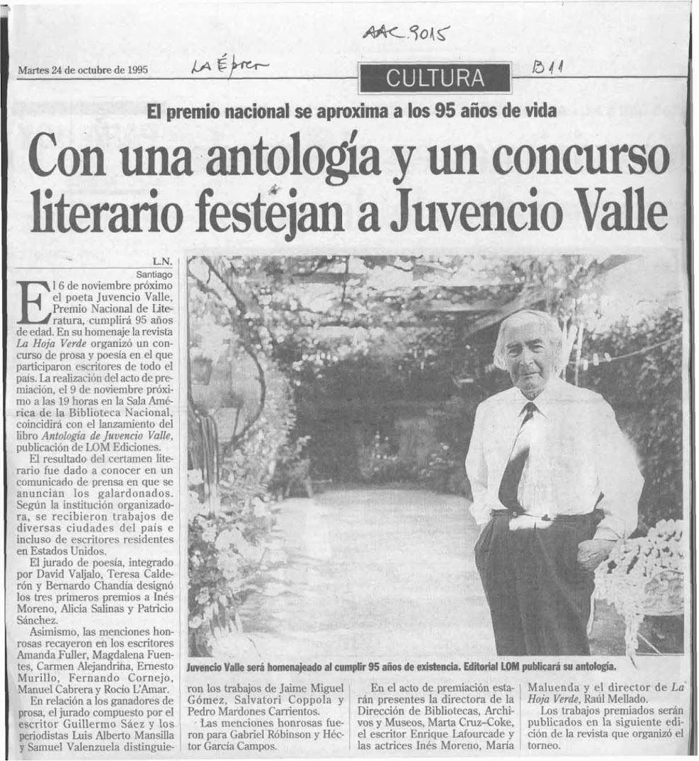 Concurso literario JUVENCIO VALLE - 1995.  DIARIO LA EPOCA -CHILE - Octubre 1995.-