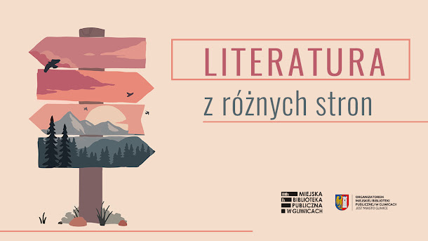 Baner z drogowskazem promujący cykl "Literatura z różnych stron".