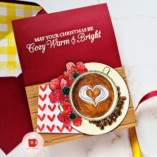 Coffee card with hearts, Stamplorations digital stamp, Altenew Deck plank embossing folder, Hero arts Christmas sentiment, Quillish, Guest designer Ishani