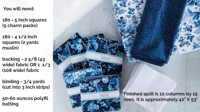 image of blue and white fabric and supplies for a puff quilt with text overlay