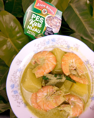 RESEPI, PES KARI HIJAU , PES KARI HIJAU AYAM BRAND , AYAM BRAND MALAYSIA , UDANG MASAK KARI HIJAU , UDANG MASAK KARI HIJAU BERSAMA KENTANG