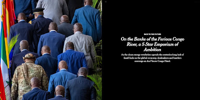 color photograph from New York Times of Felix Tshisekedi, the Congolese president, top in the gray suit, arrived this spring at the Fleuve Congo Hotel in Kinshasa.