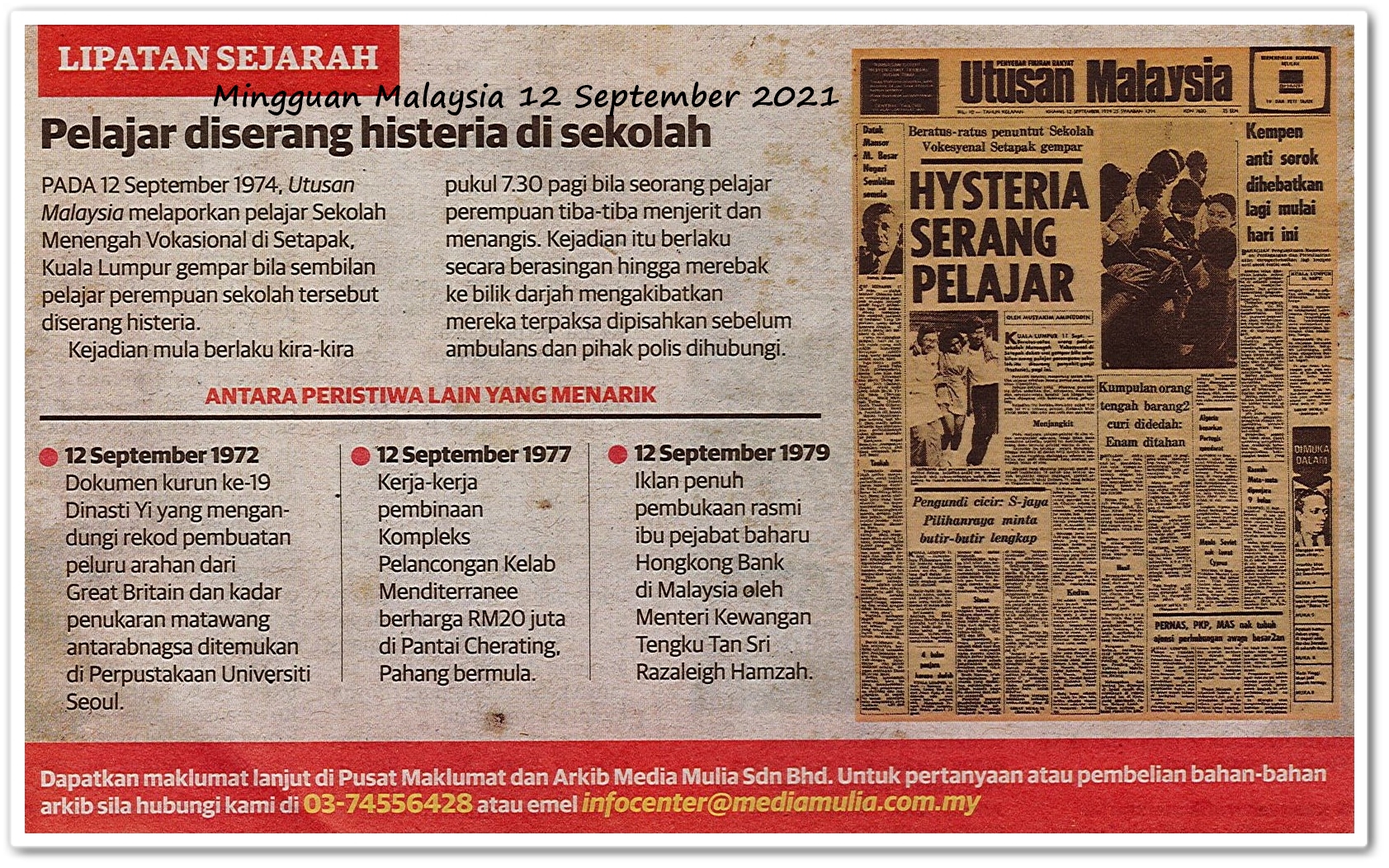 Lipatan sejarah 12 September - Keratan akhbar Mingguan Malaysia 12 September 2021