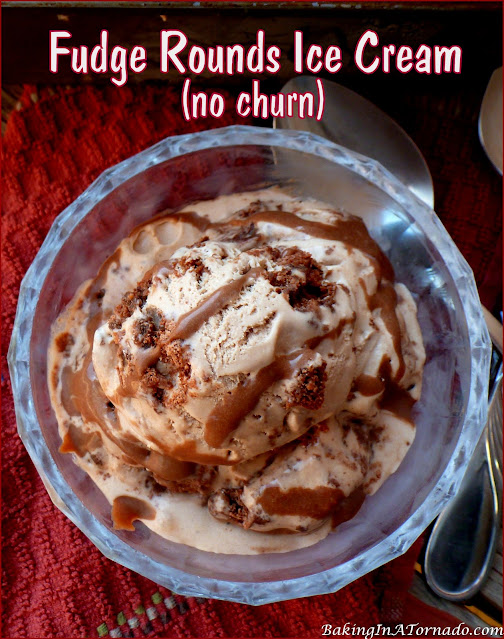 Fudge Rounds Ice Cream, a no churn creamy ice cream studded with chunks of fudge rounds. | recipe developed by www.BakingInATornado.com | #recipe #dessert