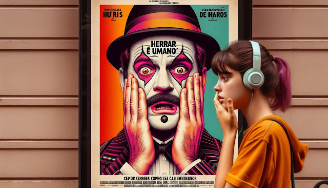 Imagem gerada por IA mostrando um poster de um filme cujo título é Herrar é Umano. Na frente do poster, passa uma jovem, de fones azuis, com a mão na boca, como se tivesse assustada. O poster do filme é um homem de chapéu, com o rosto pintado como palhaço. Ele está com as duas mãos no rosto e tem uma expressão de espanto.