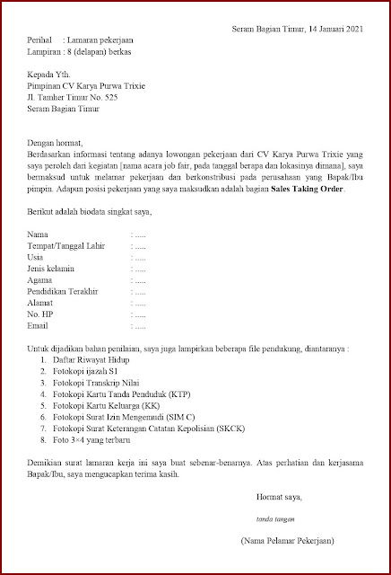 Contoh Application Letter Untuk Sales Taking Order (Fresh Graduate) Berdasarkan Informasi Dari Job Fair