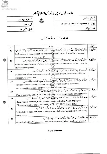 aiou-past-papers-b.ed-code-622