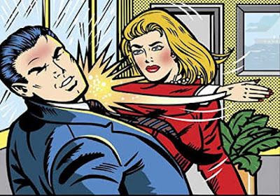 Comic book image of a woman slapping a man