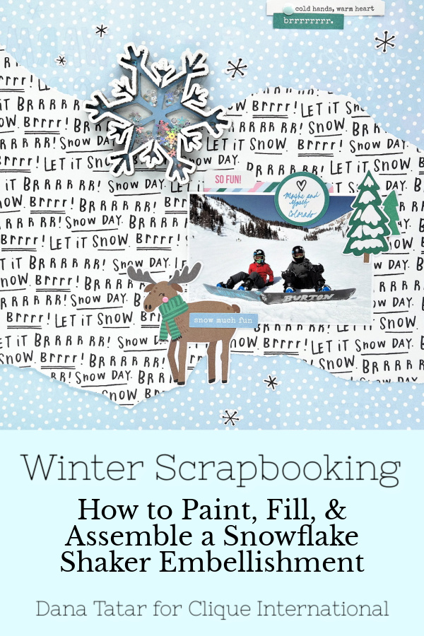 Winter Snowboarding Scrapbook Layout with Die-Cuts and Chipboard Snowflake Shaker Filled with Sequins and Gems