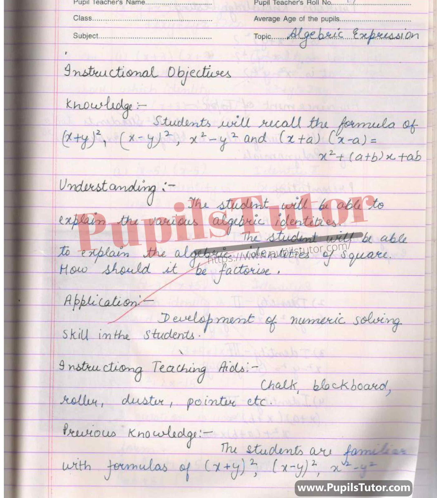 Algebraic Expression Lesson Plan – (Page And Image Number 1) – Pupils Tutor