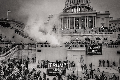 black and white photo of rioters on steps of US Capitol at 5:07:45 PM, January 6, 2021, US Capitol, Washington, DC