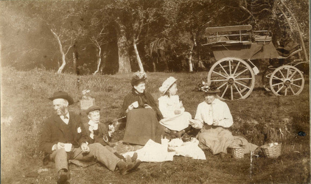 Family picnicking seated on the ground
