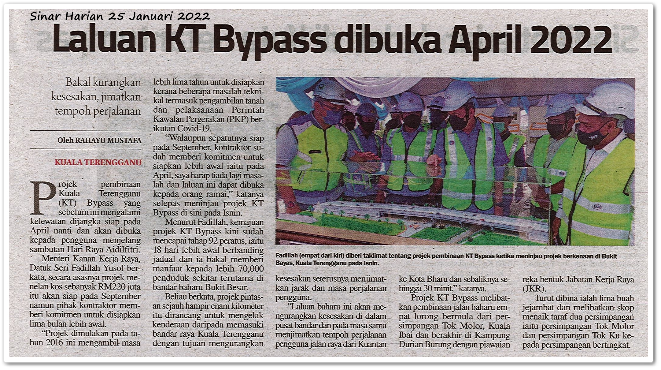 Laluan KT Bypass dibuka April 2022 - Keratan akhbar Sinar Harian 25 Januari 2022
