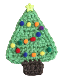 A green crochet Christmas tree with a brown stump at the bottom there is a button star at the top of the tree and it is decorated with differently coloured small pom-poms