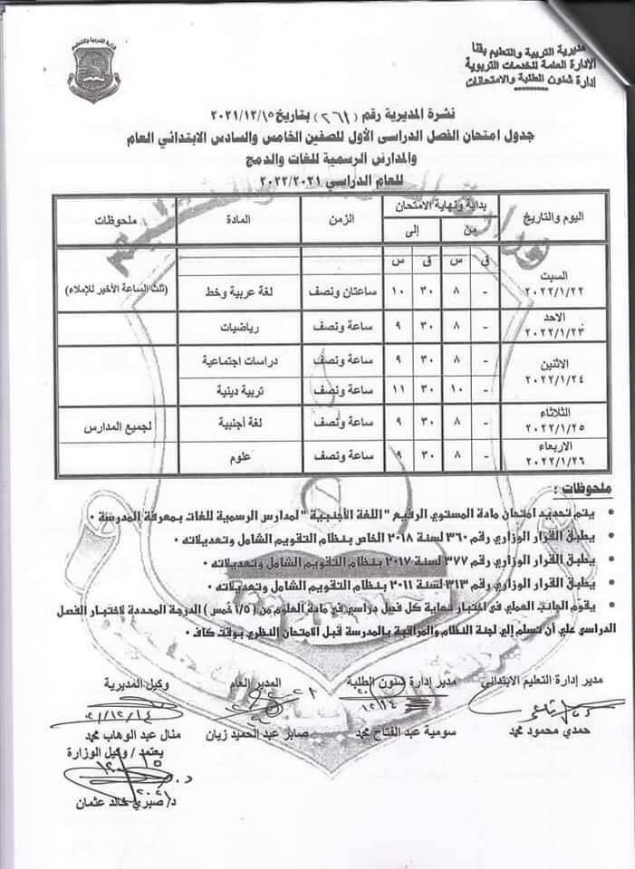 إمتحانات الصف السادس الابتدائي 2022 ترم أول محافظة قنا